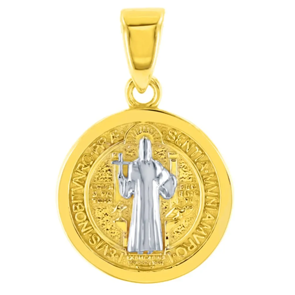 14K Solid Yellow Gold Polished St Benedict Medal Charm Saint Pendant Cuban Chain Necklace