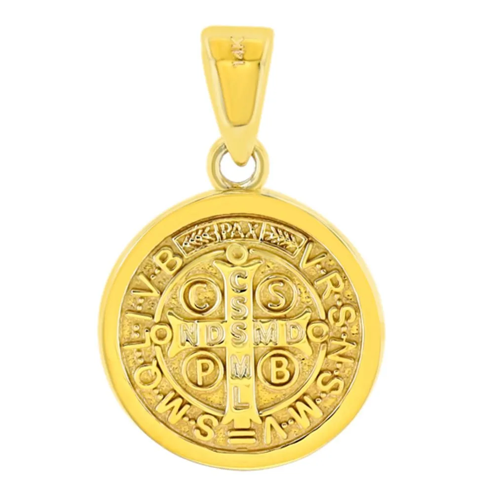 14K Solid Yellow Gold Polished St Benedict Medal Charm Saint Pendant Cuban Chain Necklace