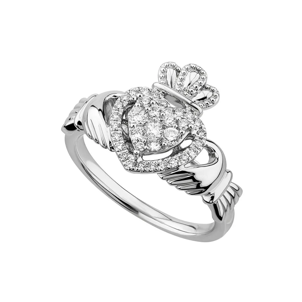 14k White Gold Diamond Heart Claddagh Ring